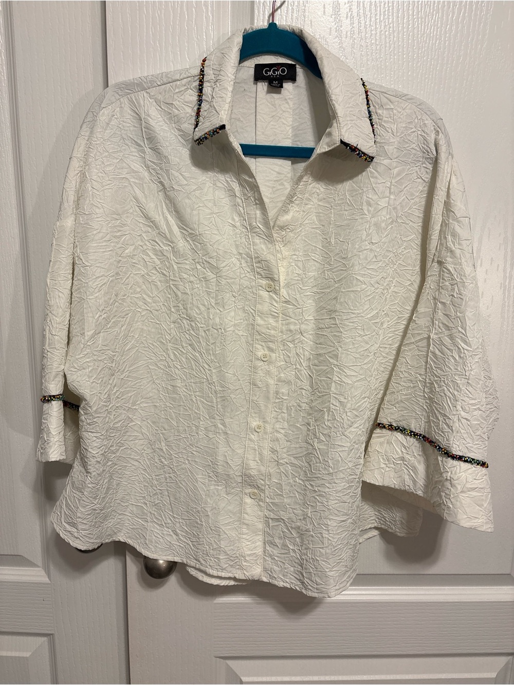 G.GIO White Button-Down Shirt with Beaded Trim